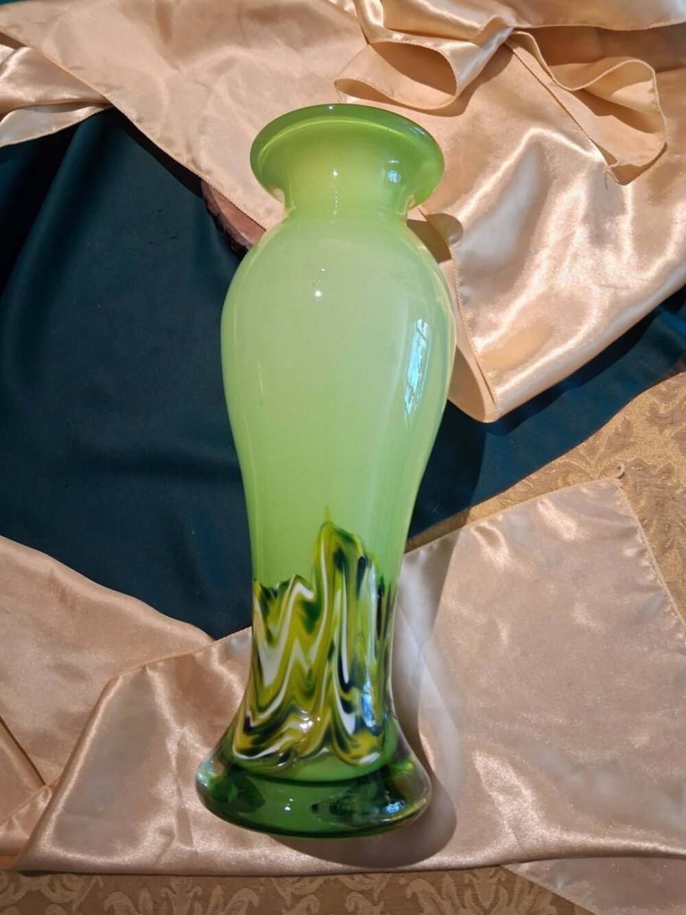 Vintage MCM Murano Styled Lime Green Cased Art Glass Vase Flame Swirl Base